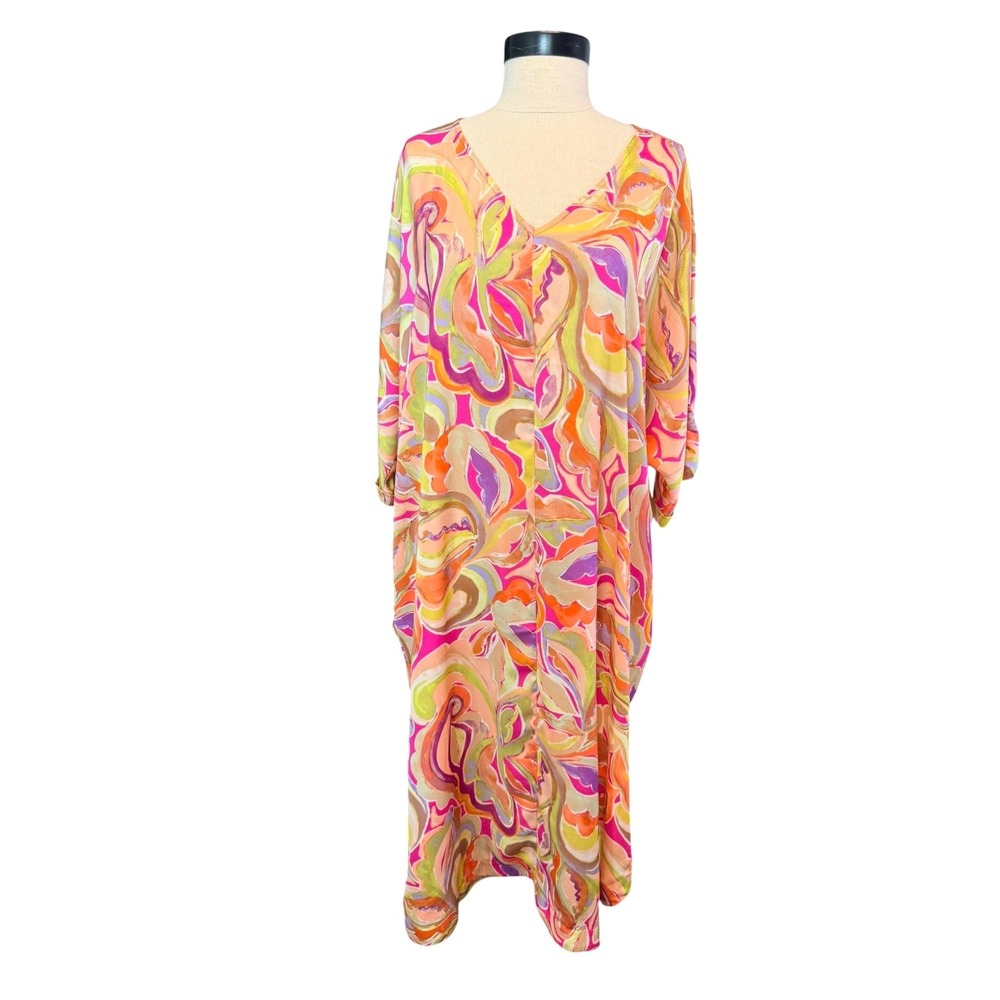Easel Los Angeles NWT Abstract Print Midi Dress SZ L V-Neck Boho Resort Vacation